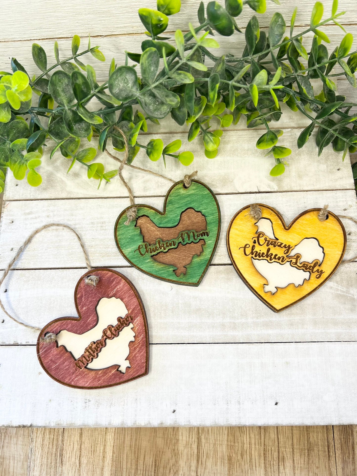 Chicken Ornament Set, Wooden Chicken Decor, Rustic Farmhouse Decor, Chicken Mom, Crazy Chicken Lady, Valentine Chicken Decor