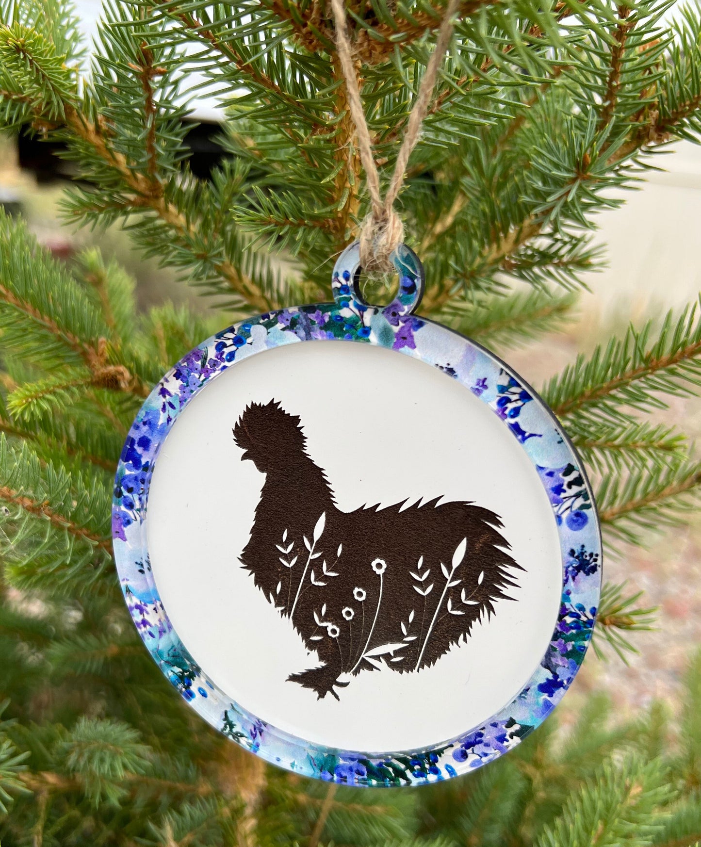 Silkie Chicken Christmas Ornament | Farm Chicken Floral Home Decor