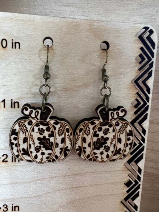 Engraved Wood Autumn Pumpkin Earrings