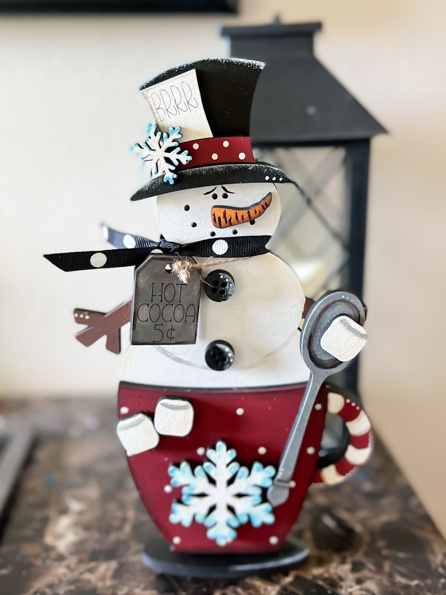 Hot Cocoa Snowman Mug | Hand Painted Wooden Snowman Christmas Decor | Hot Cocoa Bar Decoration