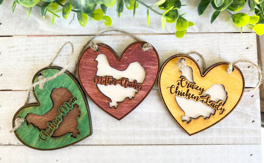 Chicken Ornament Set, Wooden Chicken Decor, Rustic Farmhouse Decor, Chicken Mom, Crazy Chicken Lady, Valentine Chicken Decor