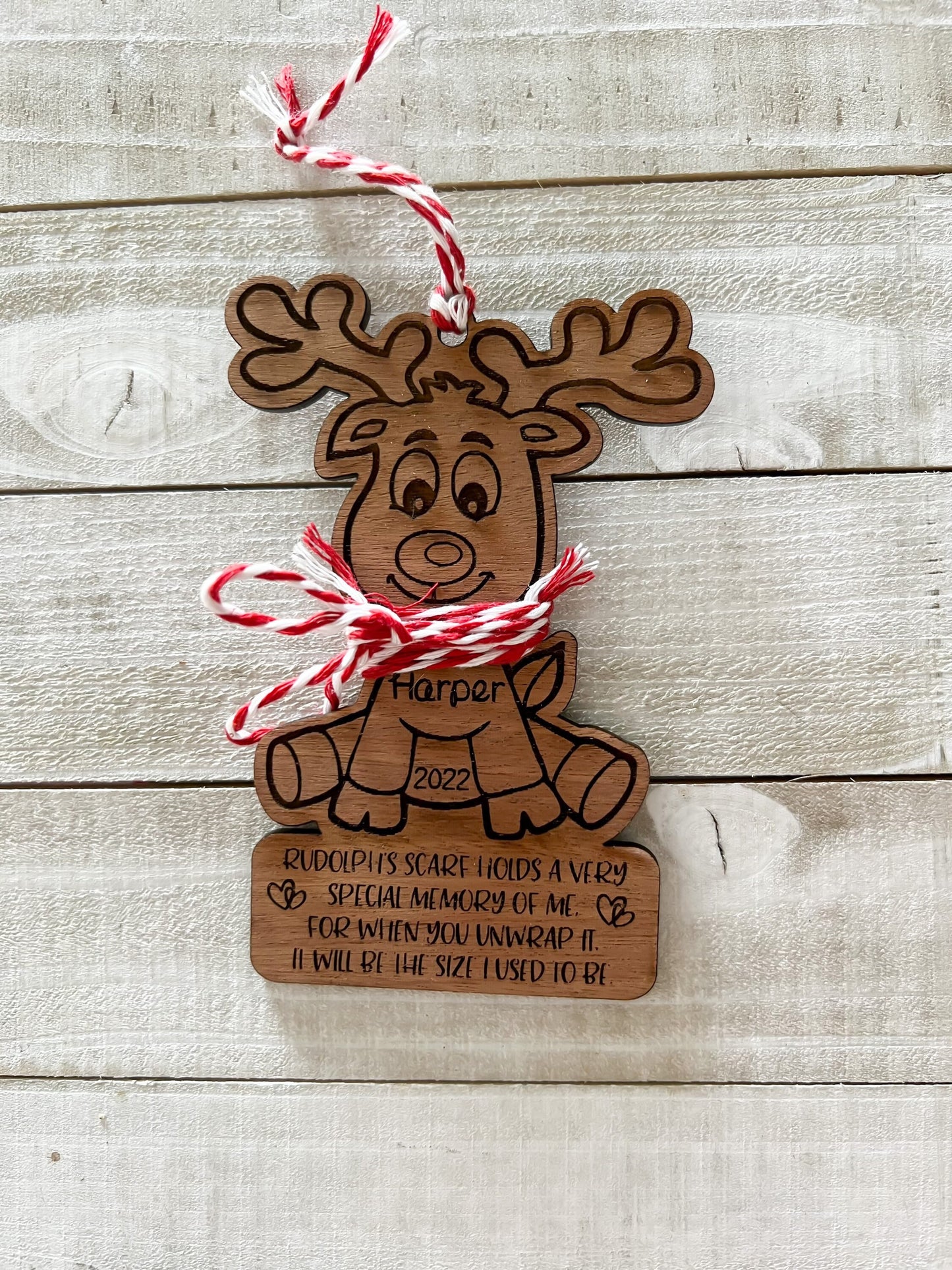 Rudolph Personalized Child’s Ornament | Reindeer Ornament Scarf is Height of Child | Customized Baby Ornament