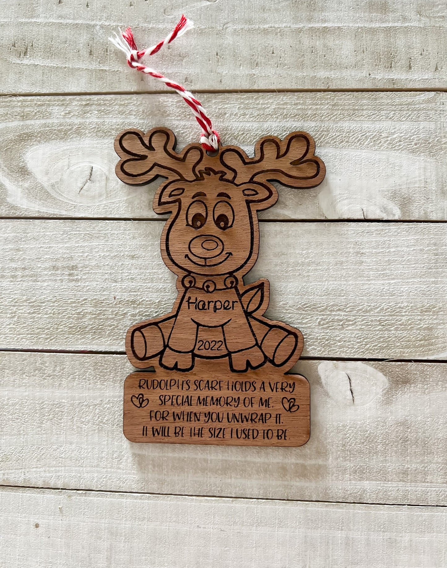 Rudolph Personalized Child’s Ornament | Reindeer Ornament Scarf is Height of Child | Customized Baby Ornament