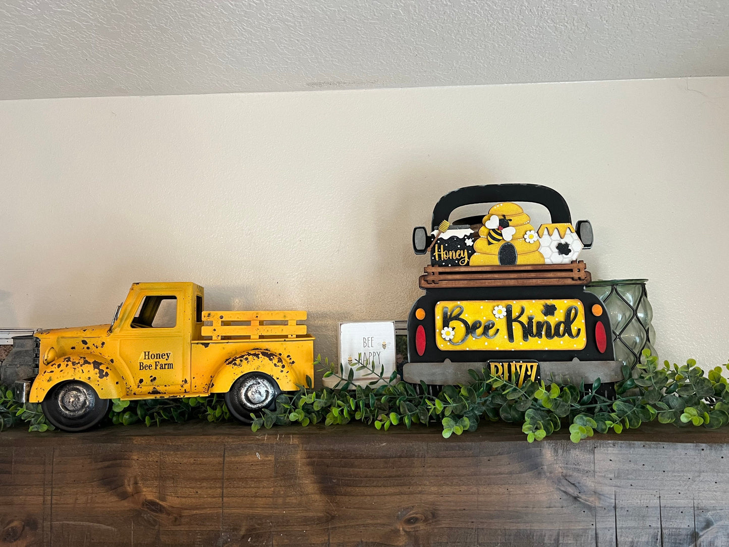 Hand-painted Bee Truck 12”, Honey Bee Decor, Bumble Bee Wood Decor