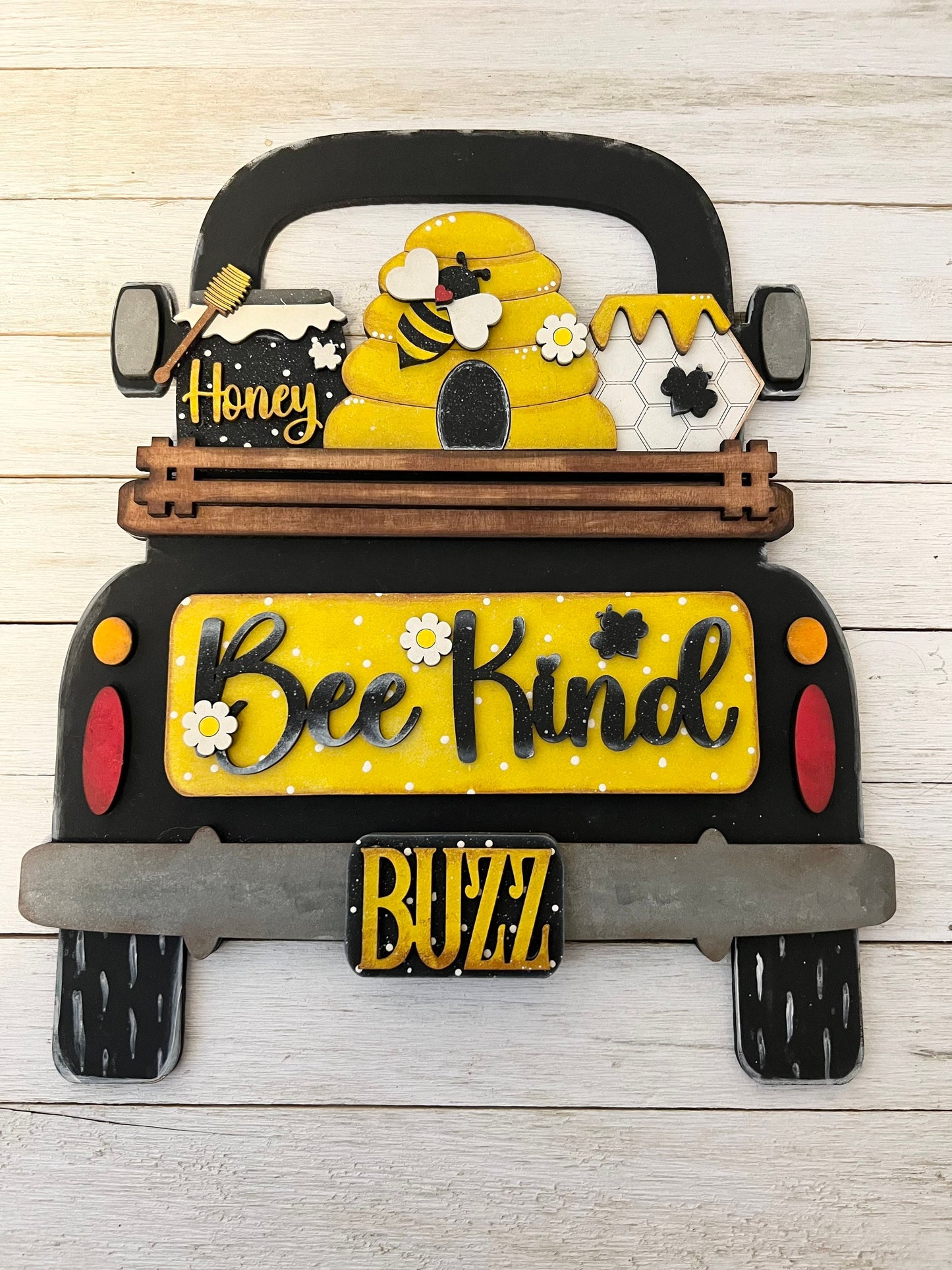 Hand-painted Bee Truck 12”, Honey Bee Decor, Bumble Bee Wood Decor