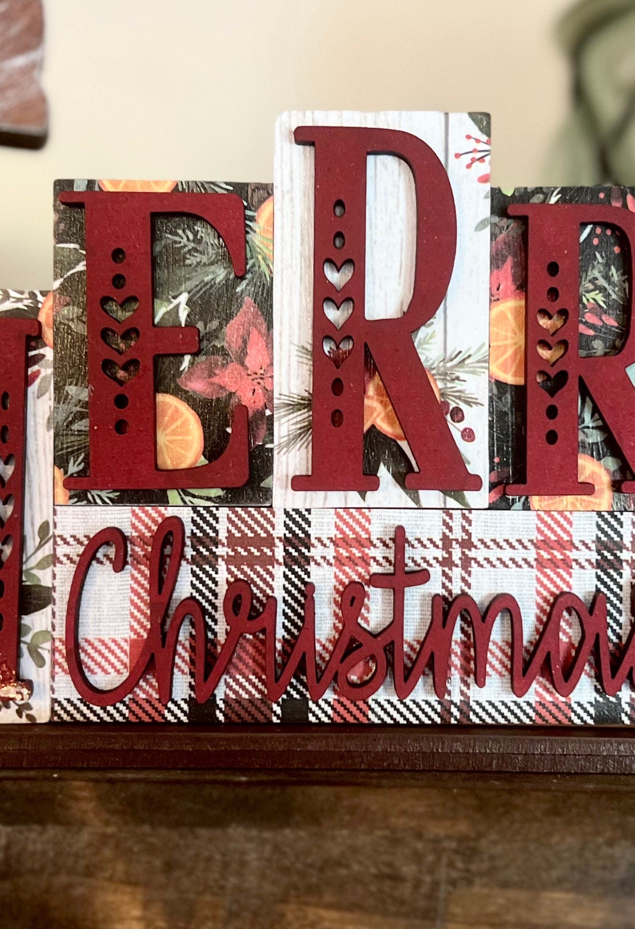 Merry Christmas Word Blocks - Napa Wine Burgundy- Holiday Decor