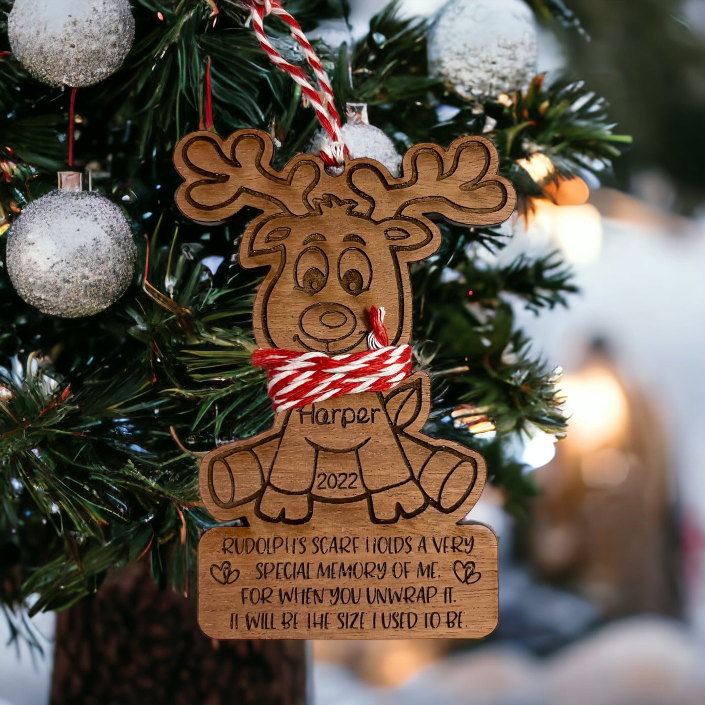 Rudolph Personalized Child’s Ornament | Reindeer Ornament Scarf is Height of Child | Customized Baby Ornament