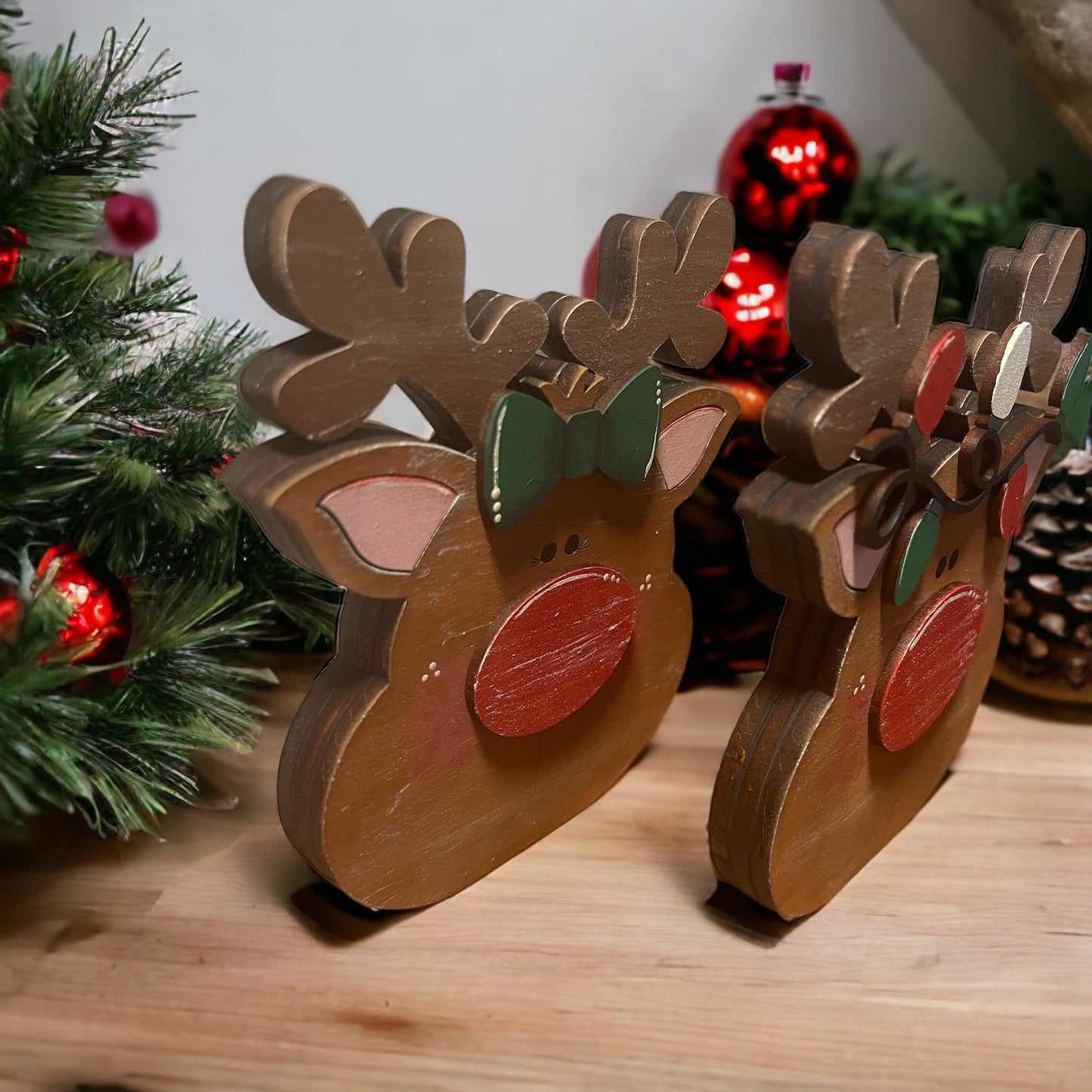 Reindeer Wooden Decor | Hand Painted Rudolph and Girl Rudolph Decoration | Shelf Sitters